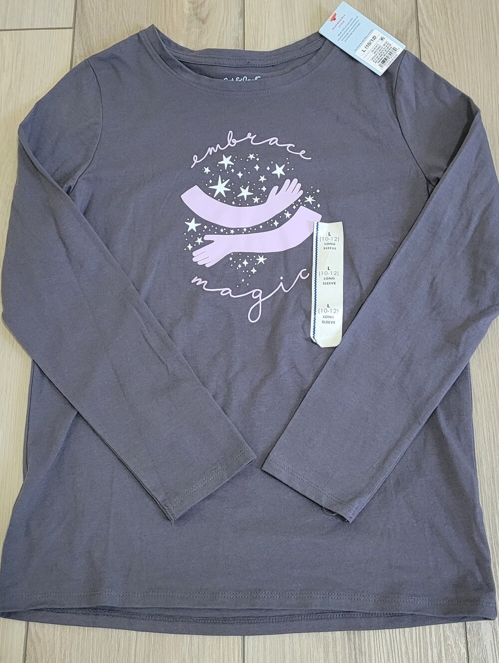 Cat & Jack Kids Long-Sleeve Embrace Magic Graphic Tee Large 10/12 Grey Pink NWT